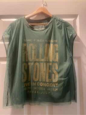 Pilcro Rolling Stones Green Graphic Tee with Sheer Overlay